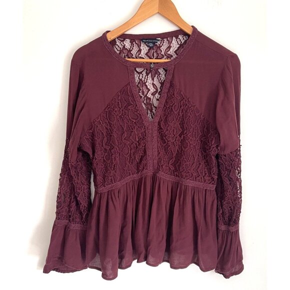 American Eagle Womens Blouse Sheer Lace Top Peplum Keyhole V Neck Purple Large - Picture 1 of 4